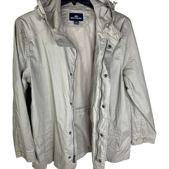 Men’s Dockers Khaki Fishing Chore Windbreaker Mesh Lined Jacket Pockets Hood LRG - Picture 2 of 13